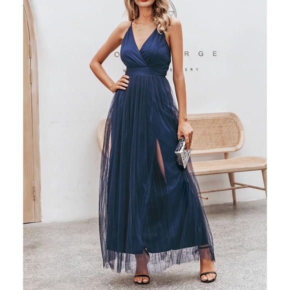 Navy Blue Criss Cross Back Mesh Elegant Maxi Dress - Picture 4 of 11
